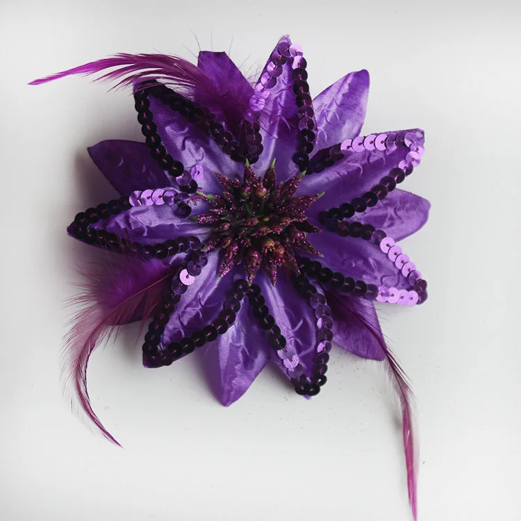 Event Wrist flower wedding party decor beauty sequin flower hair clip with feather