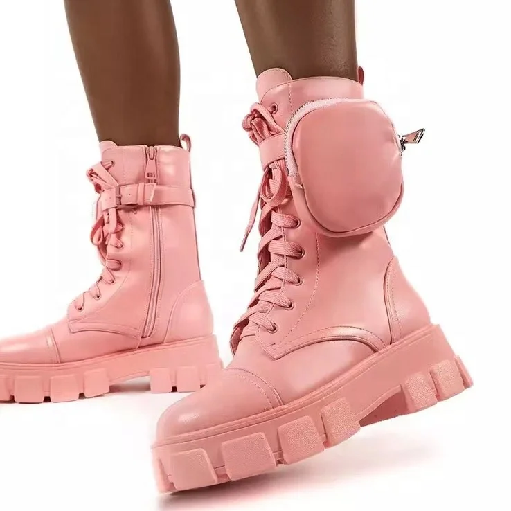 
Big Size 43 Candy Color Lace Up Women Short Boots Flat Round Toe Half Knee High Boots With Pockets Side Zipper Booteis 