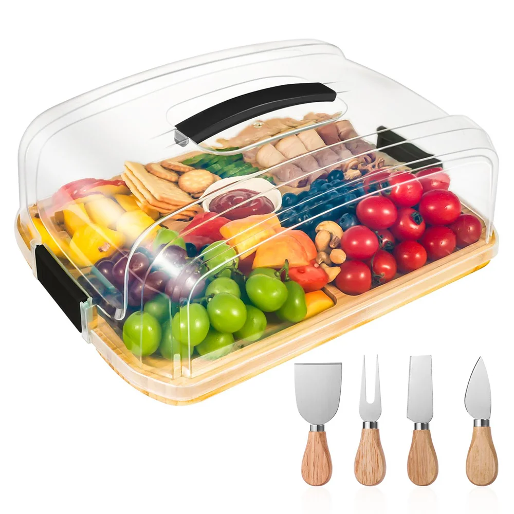 Custom Bamboo Charcuterie Board with 6 Built-in Compartments and Clear Locking Lid for Travel Picnic