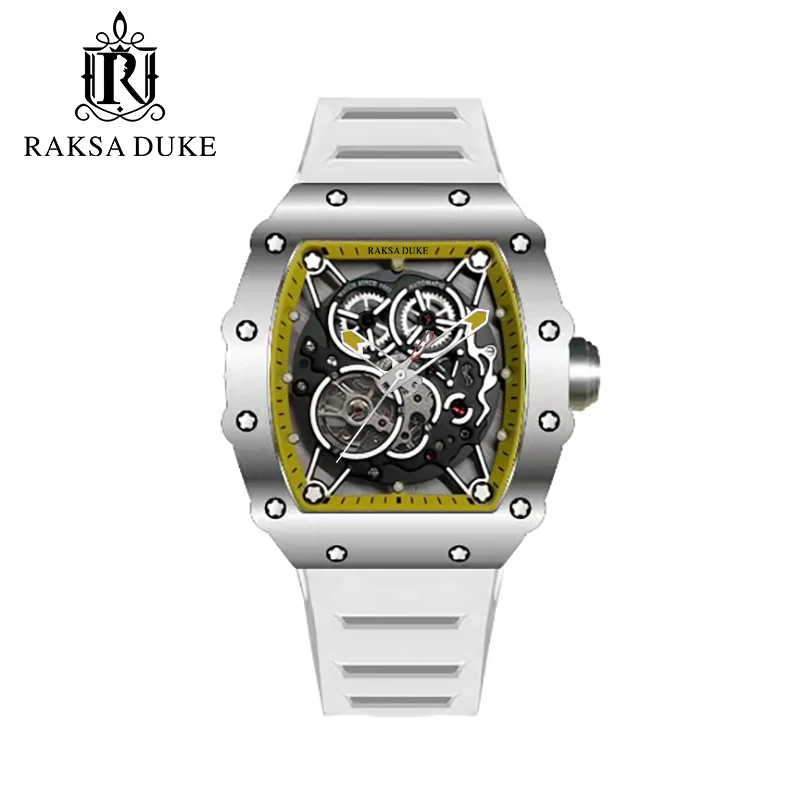 Fashion Sport Watch Rectangle Stainless Steel Case Silicone Strap Mechanical Men Watches