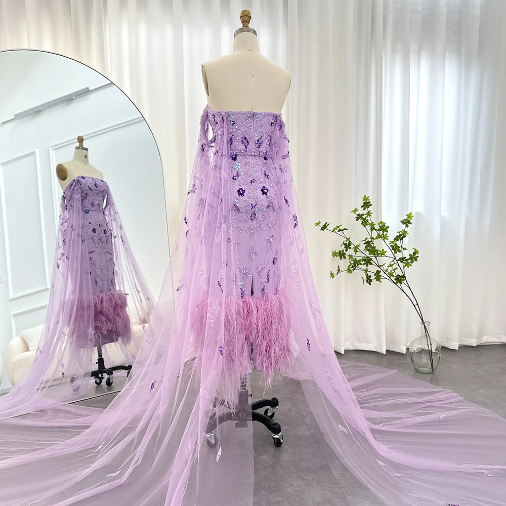 Scz025-2 Dubai Luxury Feathers Lilac Evening Dress With Cape Sleeves Ankle Length Midi Arabic Women Wedding Party Gowns