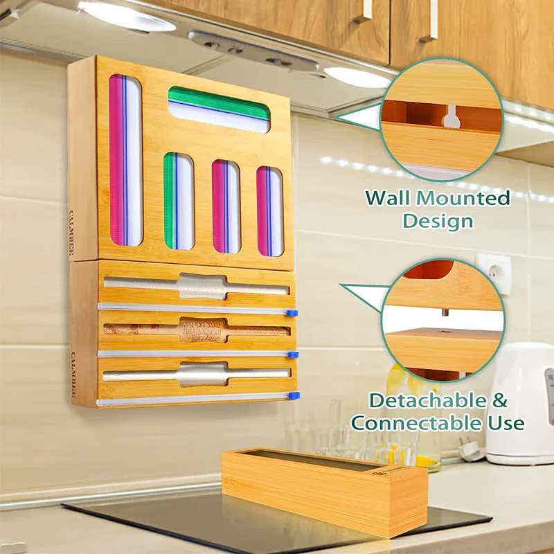 9 in 1 Ziplock Bamboo Wrap Dispenser Food Bag Kitchen Storage Organizer with Cutter for Foil Plastic and Paper
