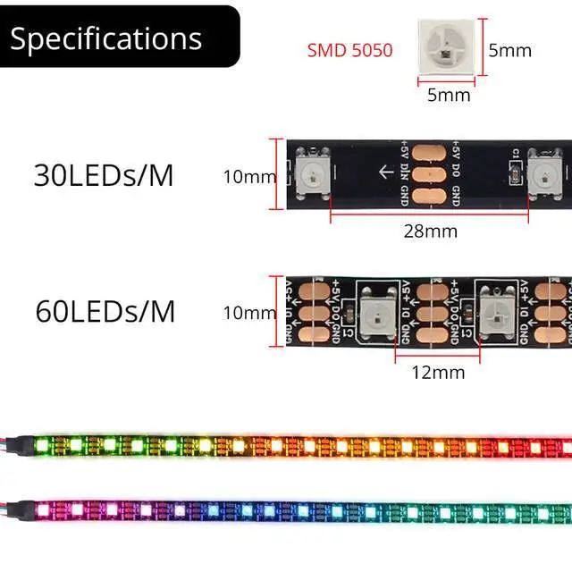 Black/White PCB WS2812 IC pixel led strip 30/60/74/96/144 leds/m ,IP30/IP65/IP67 addressable rgb led strip 5v