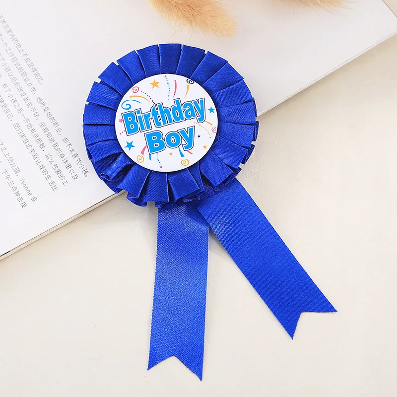 Custom High Quality Birthday Ribbon Rosette Boy Girl Pin Badge Kid Birthday Party Favor Metal Tin Fabric Flower Brooch Pink