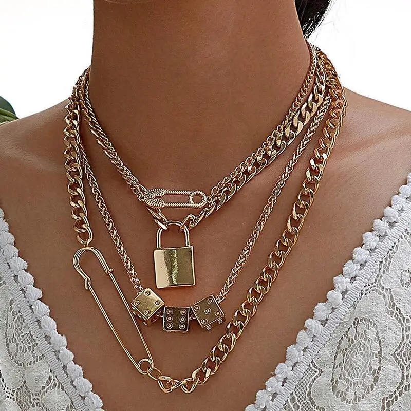  Liberty подарки английская булавка кости замок Высокое Качество Толстая bling цвет родия Кубинском стиле в хип до хоп серебристого и цепи гранж ожерелье ювелирные