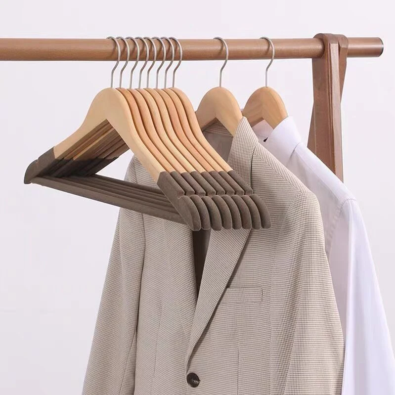 Custom new style natural wooden hangers for clothes for garment display with velvet bar