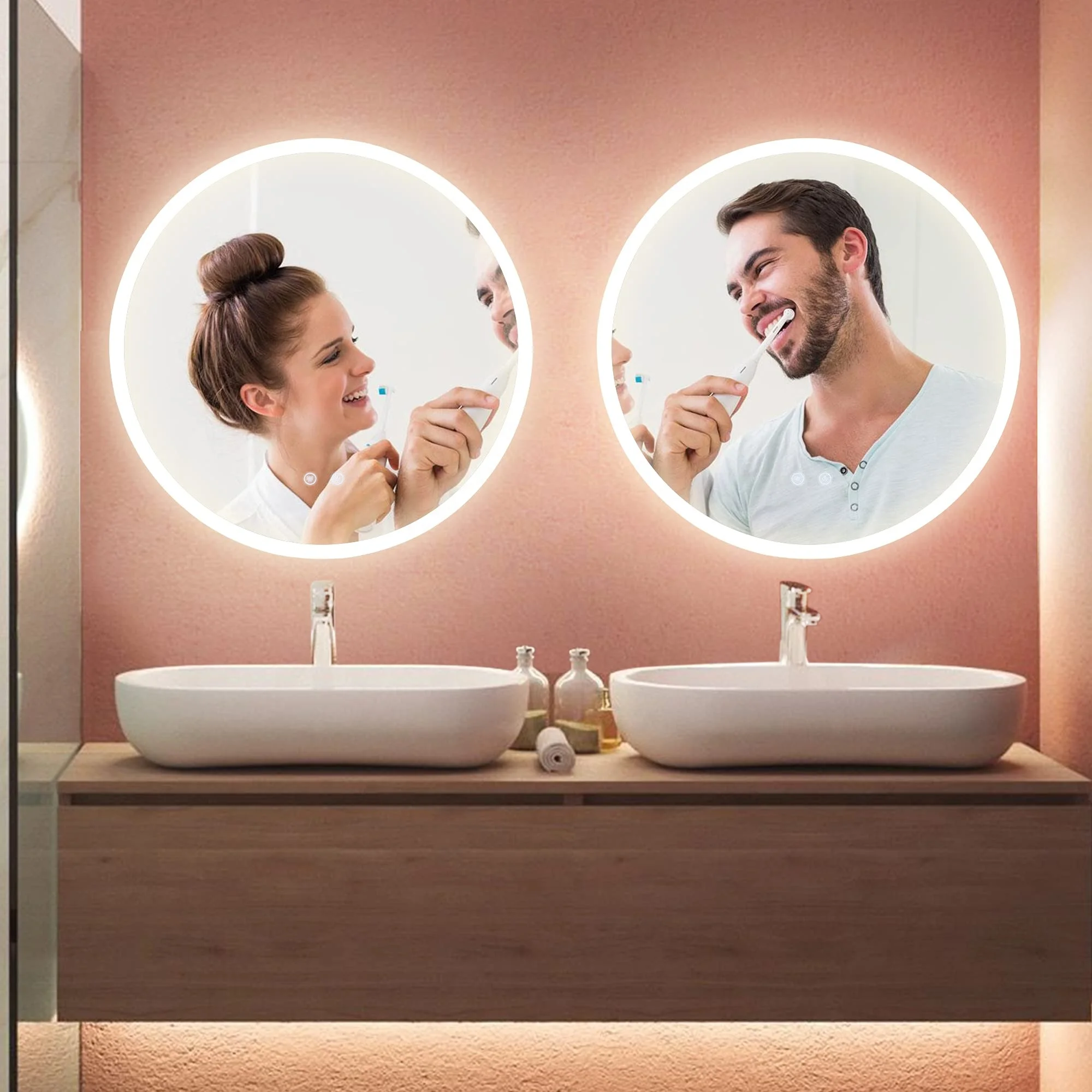 Stepless Dimming Frosted Edge Wall Hanging Toilet Dresser Makeup Round Mirrors Bath Wall Mirror With Led Light