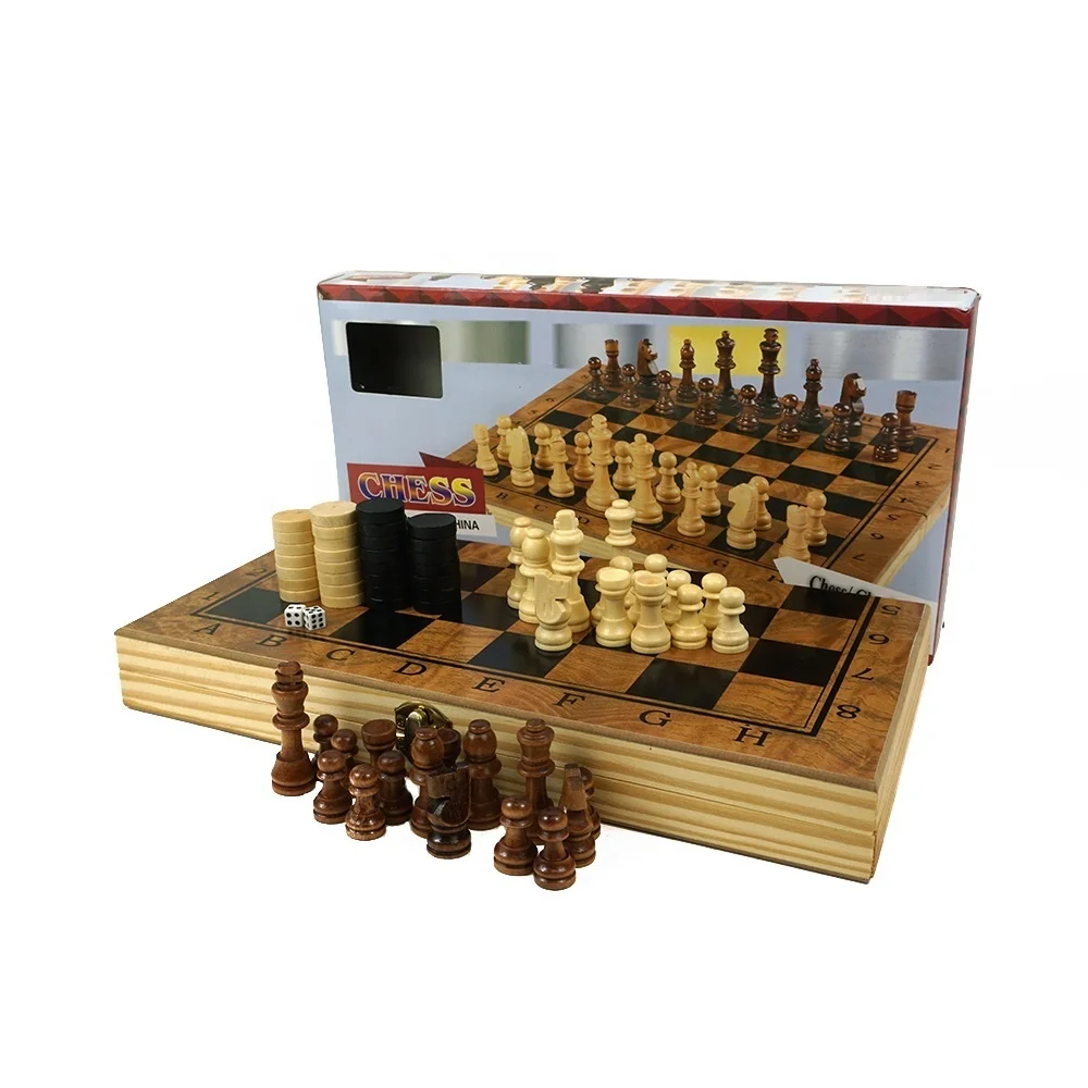 Wholesale 3 in 1 wooden chess backgammon checkers set with wooden folding chess board   chess piece kid puzzle board game