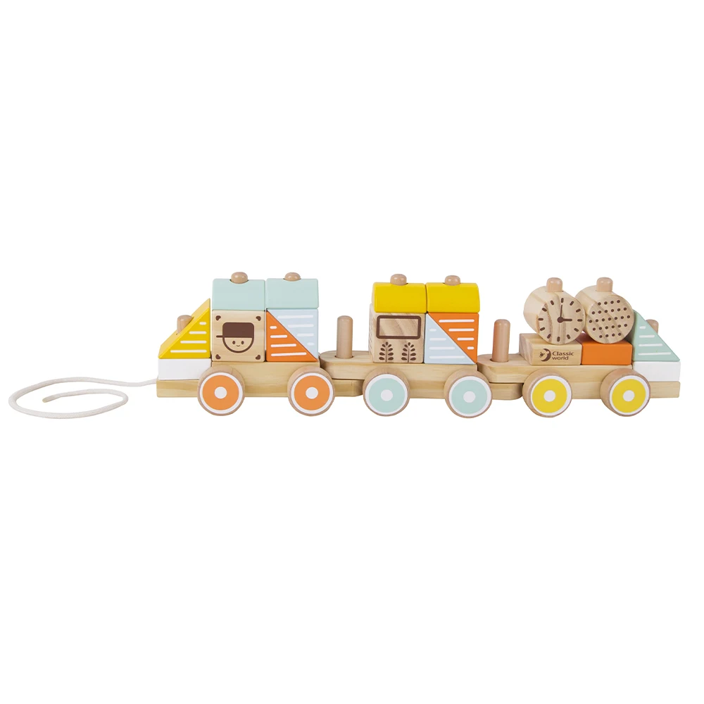 Classic World Wooden Educational Toys Infant Girl Boy Push and Pull Train with Stackable Blocks for Babies