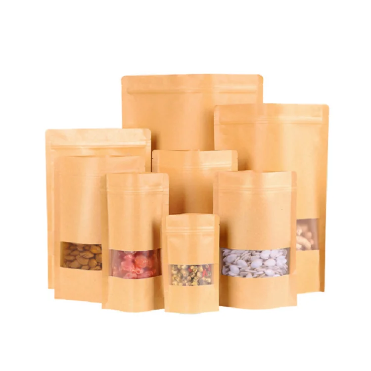 custom waterproof dried fruit bag  stand up pouch kraft paper bag ziplock with window/kraftpaper ziplock bag with window