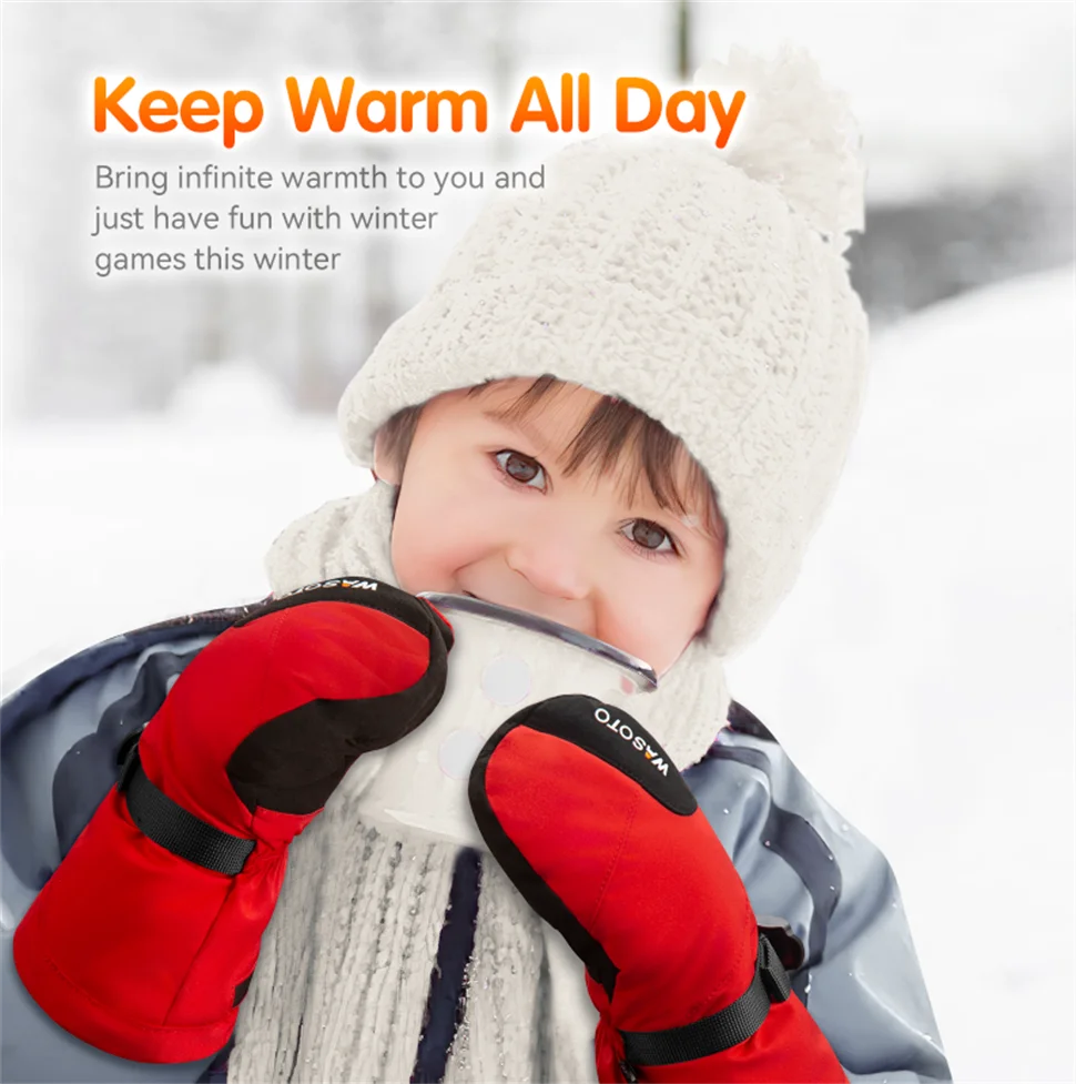 Adjustable Wrist Strap Non-Slip Quick Drying Winter Outdoor Heated Mittens With 3 Settings Warm Hand For Kids