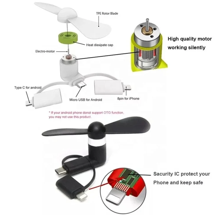 3 in 1 USB mini Fan Custom Logo Promotional Gifts Portable Phone Fan for iPhone Android mobile phones
