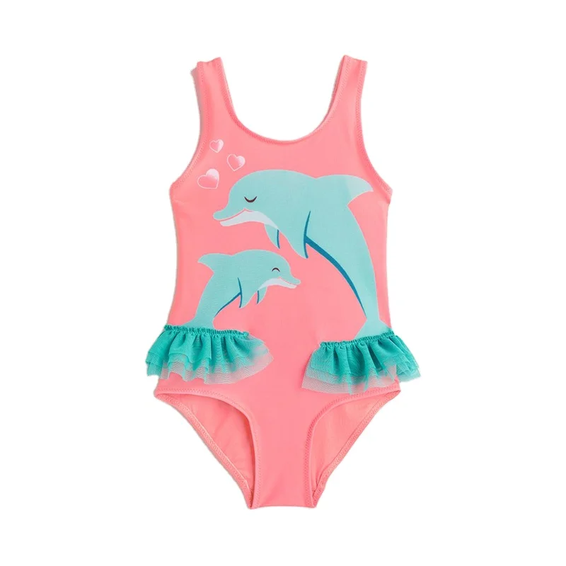 Cute Pink Dolphin Printed Swimsuit Girl Swimwear Bathing Suits Kids Bikini Children