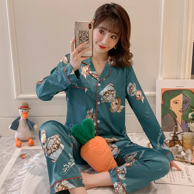 
Spring and autumn pajamas ladies cardigan simulation silk home service suit Oversized pajamas 