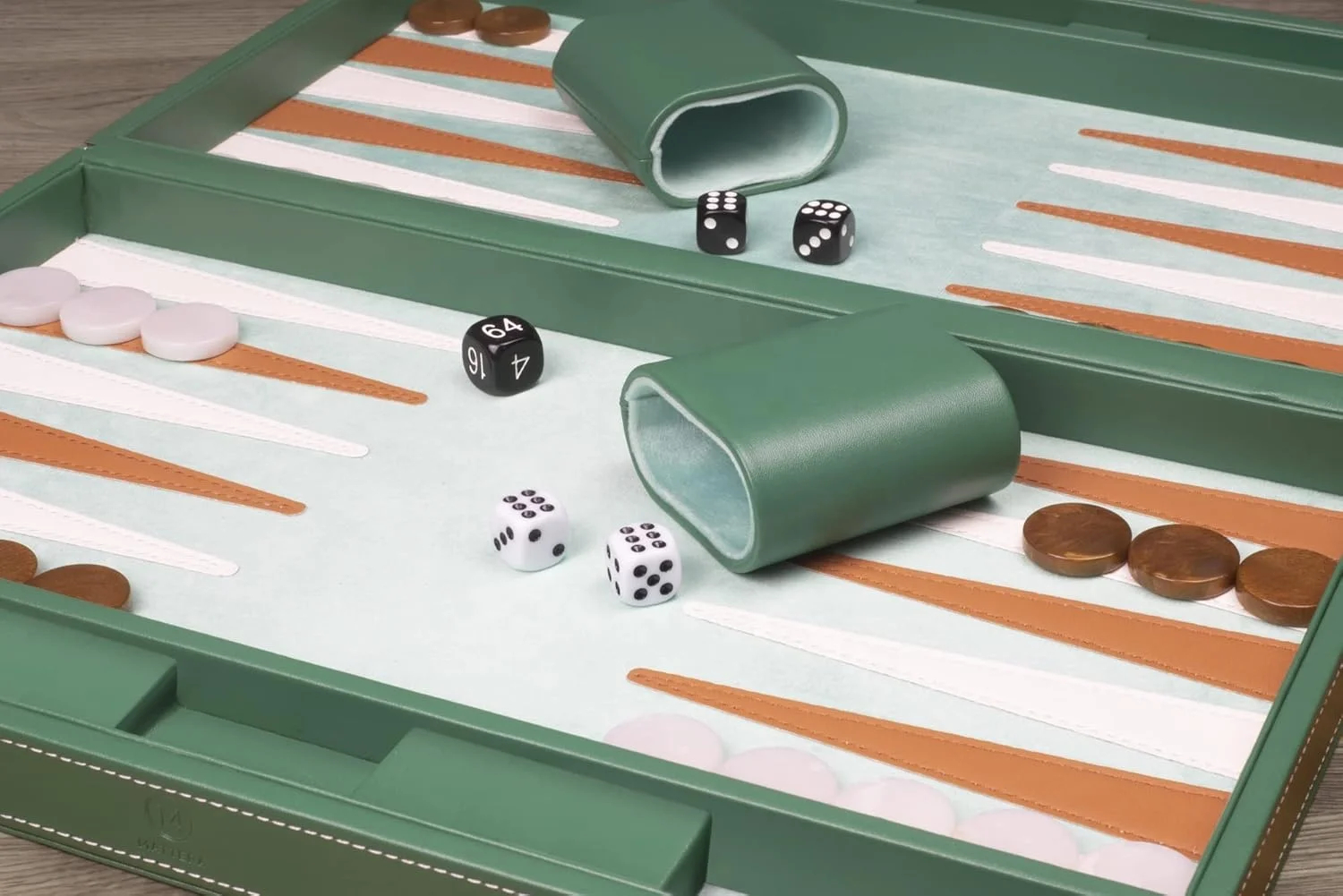 Modern Green 15 Inch Silver Classic Vegan Leather Silver Portable Metallic Travel Strategy Backgammon Set for Adults and Kids