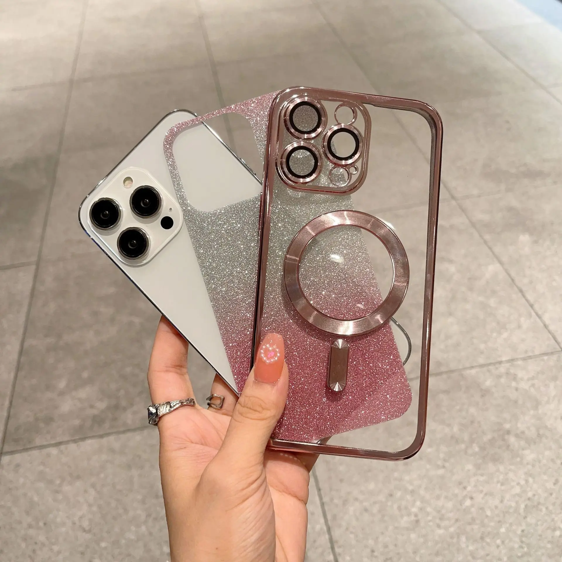 Bling Glitter Layer Clear TPU Magnetic Phone Case for iPhone 14 Pro Max 13 Soft Wireless Charging Back Cover