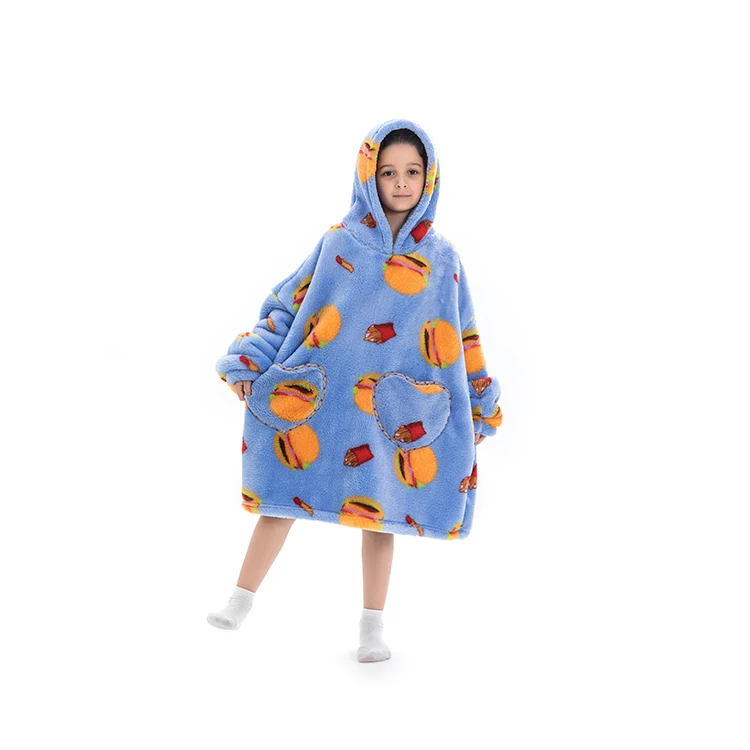 RTS multi color print custom teens super soft warm fleece sherpa pocket kids oversize hoodie blanekt