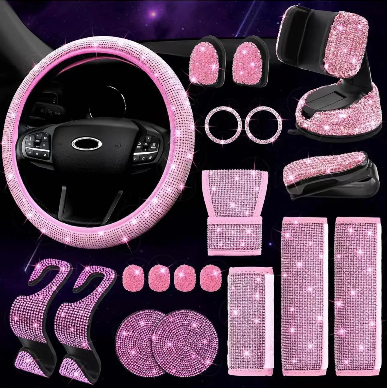 Auto Parts 19 PCS Rhinestone Set Car Steering Wheel Cover Seat Belt Cover Phone Holder Sunglasses Clip S Hook Cup Mat