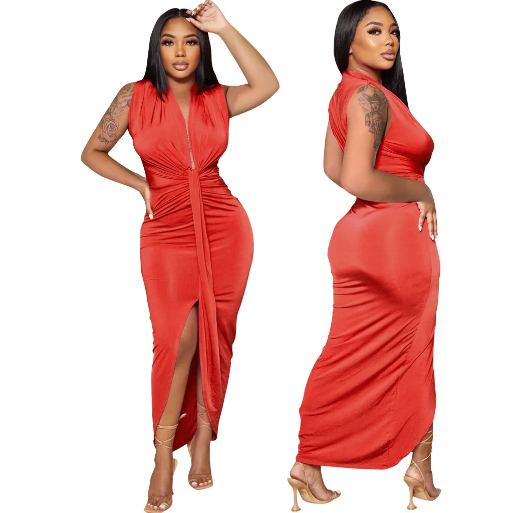 2023 Wholesale dress Women Sexy Solid Deep V-Neck Dress
