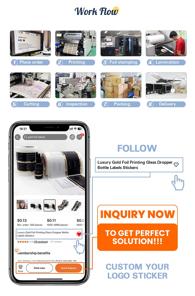 Personalized Stamping Gold Color Product Private Custom Round Stickers Paper Vinyl Adhesive Label Logo Sticker Roll