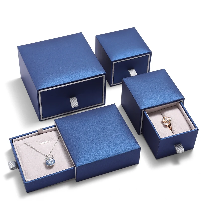 New blue leatherette luxury paper jewelry box paper packaging for bangle pendant earring ring jewelry set box with velvet