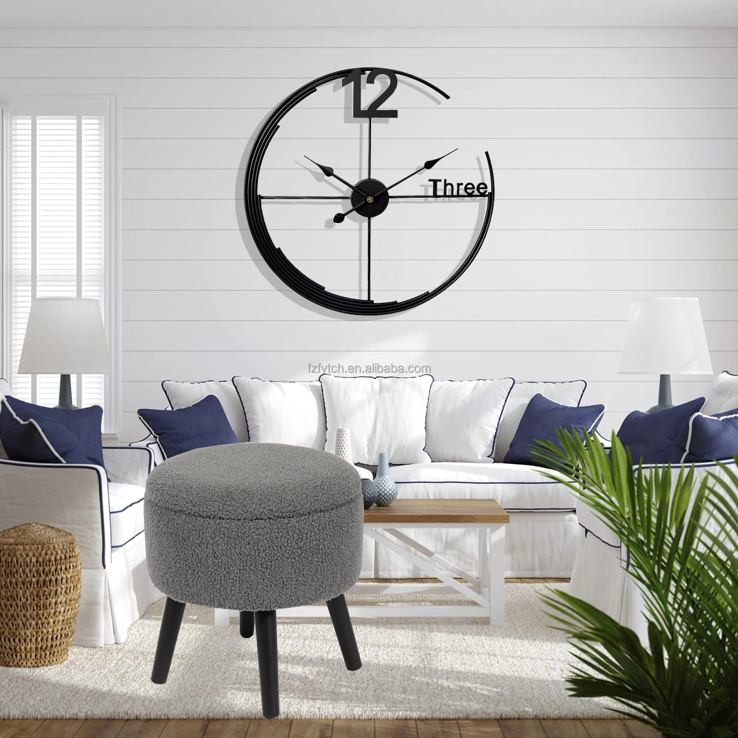 Ottoman Manufacturer Round Fabric Wood Leg Ottoman