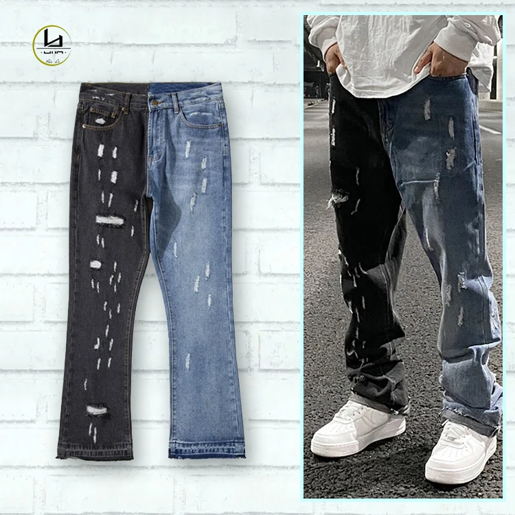 Jeans factory in China  men fashion flare jeans two tones black and washed blue jeans with rips denim pants