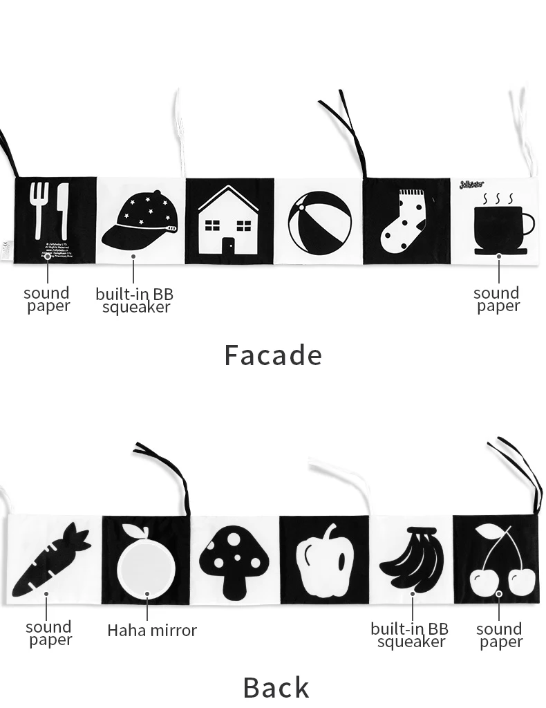 Custom Baby Sensory Crinkle Black, White high contrast Soft Book Cloth Books Early Education Toys for Babies Infant Cot Pram use