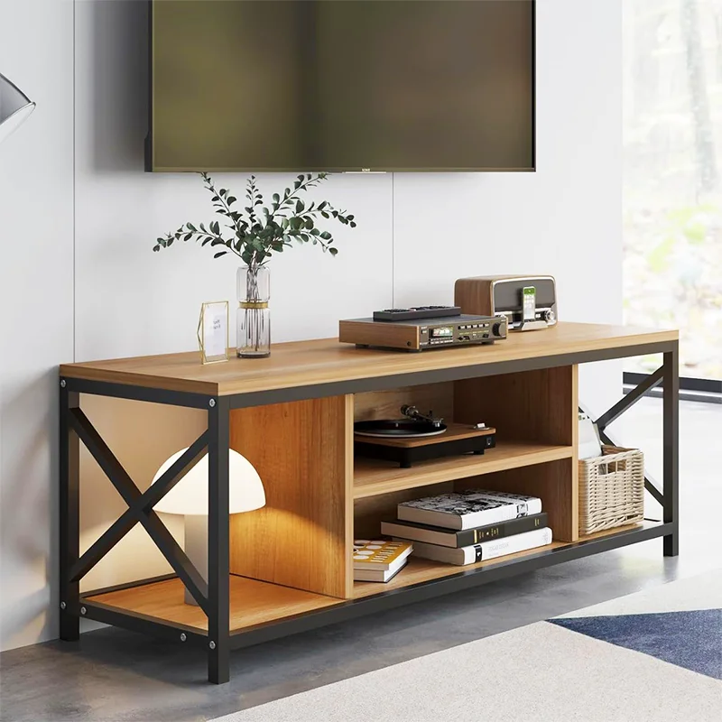 Retro Home Media Entertainment Center 6 Storage Shelves Industrial Living Room Modern 55 Inch TV Console Cabinet TV Stand Table
