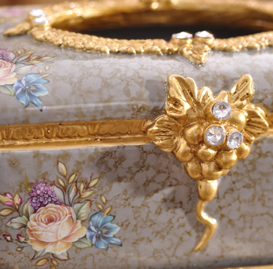 High Quality Multi-functional Desktop Golden Line Rhinestone Resin Container Tissue Box