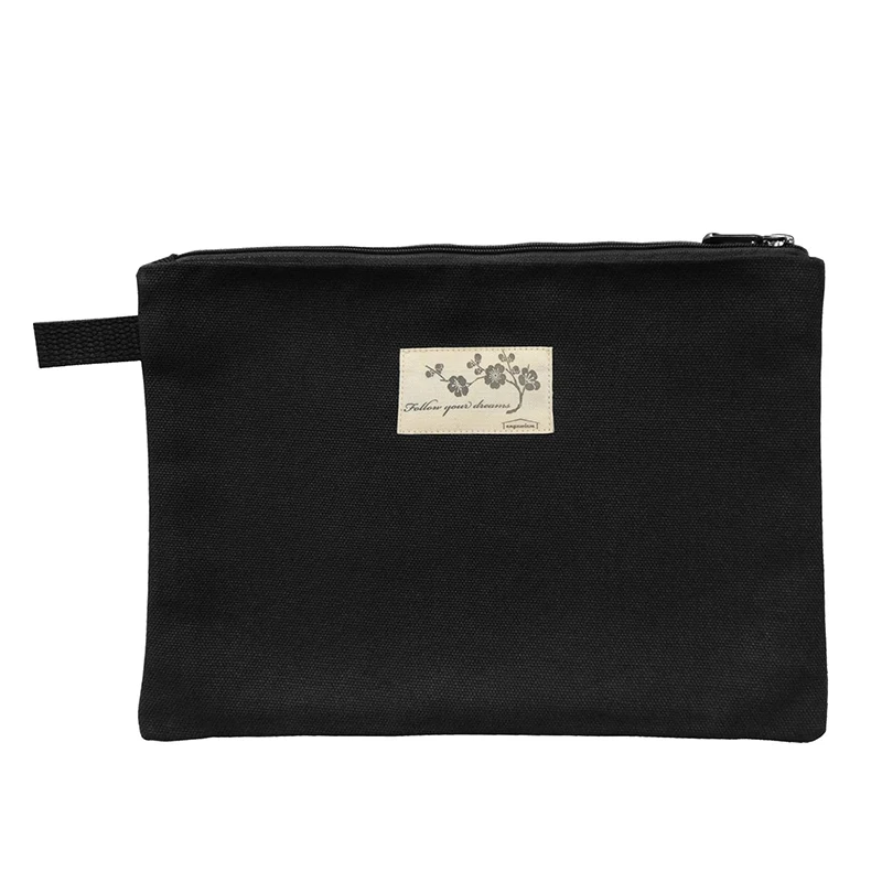 Customized Eco Friendly Black Make up Pouch Recycled Plain Cotton Canvas Makeup Cosmetic Bag With Personal Logo