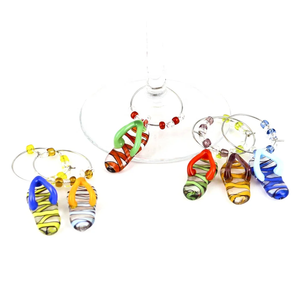 Set of 6 Glass Flip Flops markers for event party decoration glass wine charms