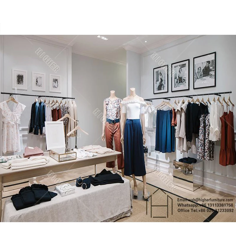 Modern garment store counter woman clothes shop clothing showcase