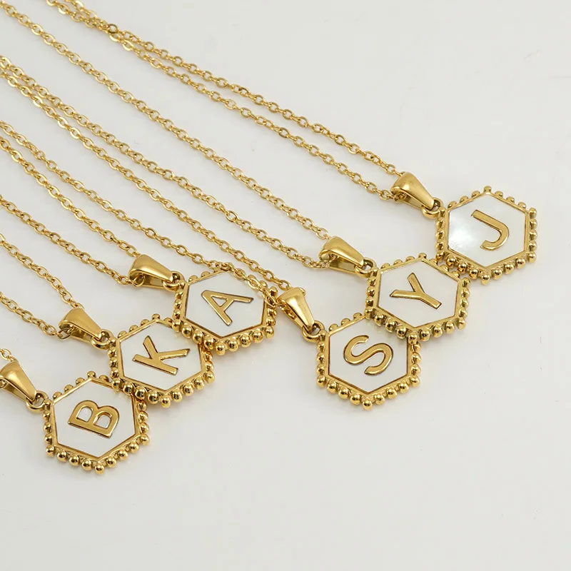 Wholesale New English Alphabet Letter Choker Jewelry 18K Gold Plated Stainless Steel Hexagon Shell Name Initial Pendent Necklace