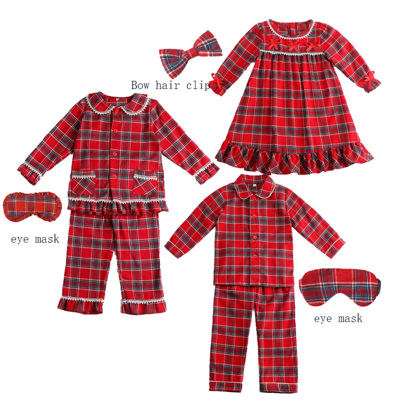 European and American Style Long Sleeve Cotton Nightgown for Girls Fall/Winter Plaid Pattern with Lace for Spring Season