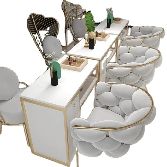 
Fashion Vanity Luxury Modern Nail Table Wood Commercial Beauty Salon Furniture Double Gold Metal Manicure Table with Drawers 