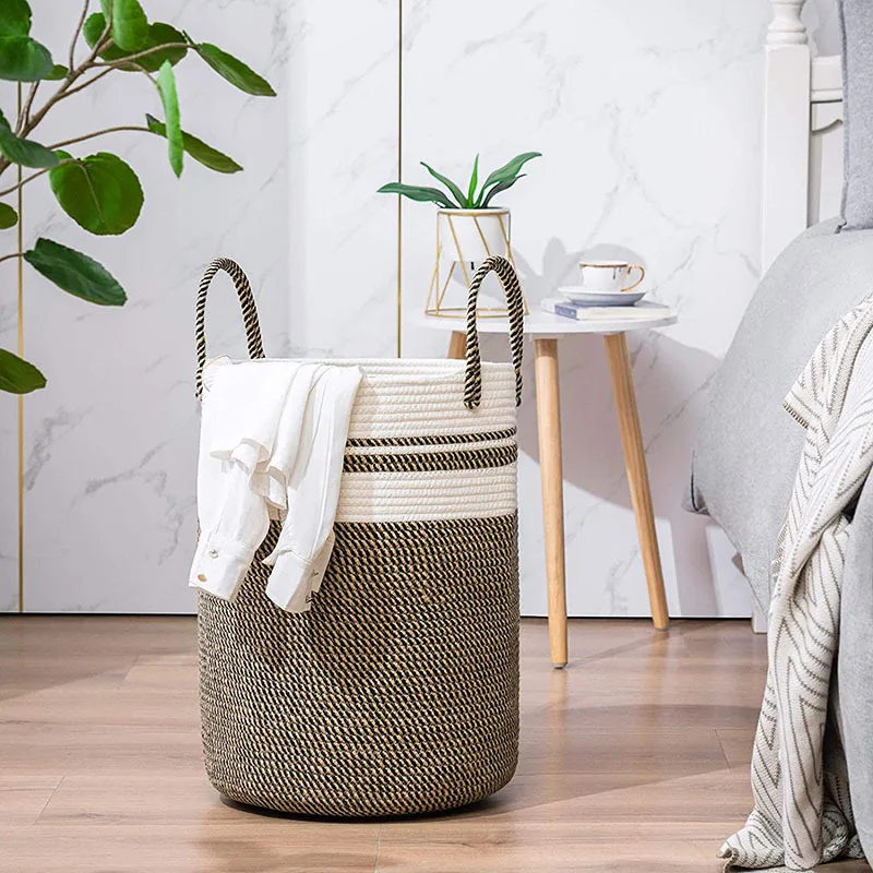 Large Cotton Rope Basket Woven Laundry Basket Blanket Toy Basket with Handle Storage Foldable Laundry Hamper
