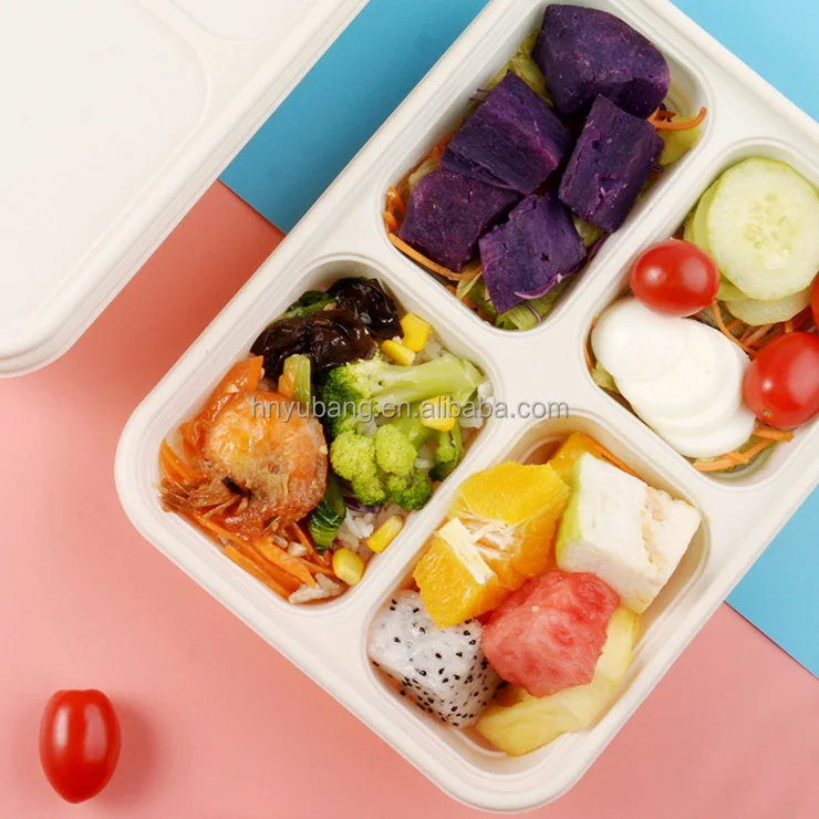 Environmentally Friendly Cornstarch Based 4 Compartment Disposable Lunch Box Rectangle 850ml