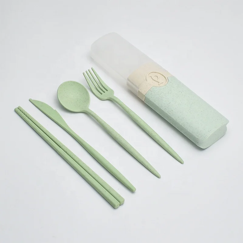 Portable Travel Korean 5pc Color Handle Spoon Fork Knife Set Chopsticks Cutlery Dinnerware Set With Picnic Case