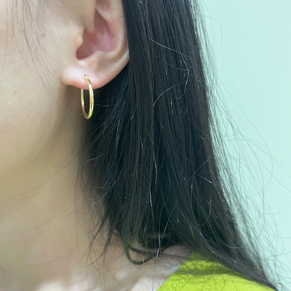 Custom 14mm 16mm 20mm Trendy Fine Jewelry Real 14K Solid Gold Jewellery 2mm Click Top Circle Hollow Tube Round Hoop Earrings