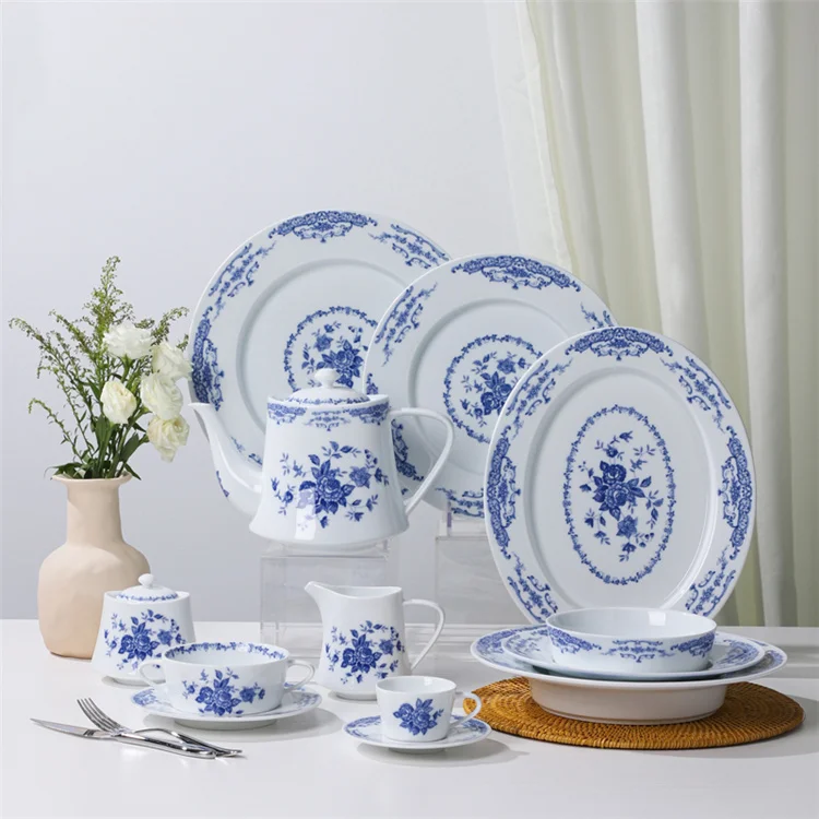 PITO Ceramic Antique Medieval Porcelain Tea Set Blue Decal Teapot Coffee Cup Chinese Ceramic Tea Set Afternoon Porcelain Tea Set