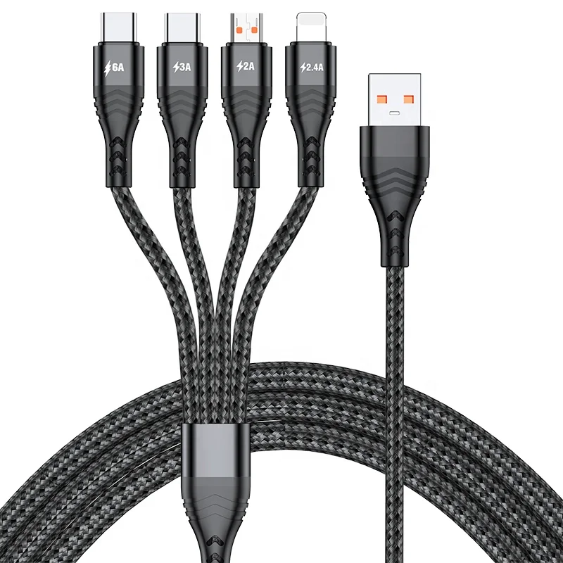 For Type-c/micro/iphone 4in1 Multi USB Charging Cable Nylon Braided Universal 6A Fast Charging Cable Mobile Phone Standard FMC