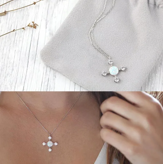 New fashion beautiful opal cross pendant necklace with CZ paved tiny link chain cross charm wedding women jewelry