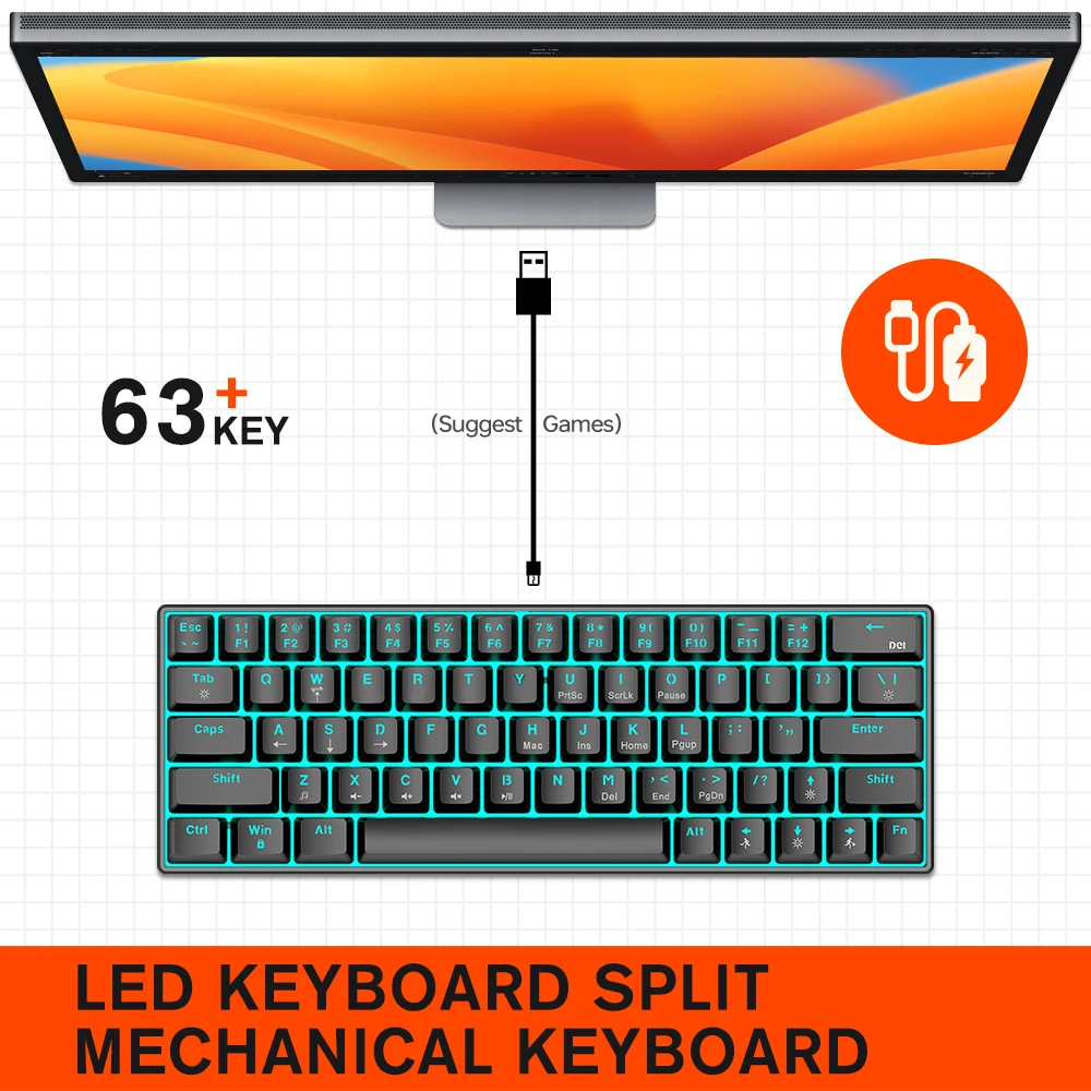 Best Selling 60 Percent Gaming Mechanical Keyboard Portable Backlit Colorful Hot Swappable wired keyboard for computer desktop