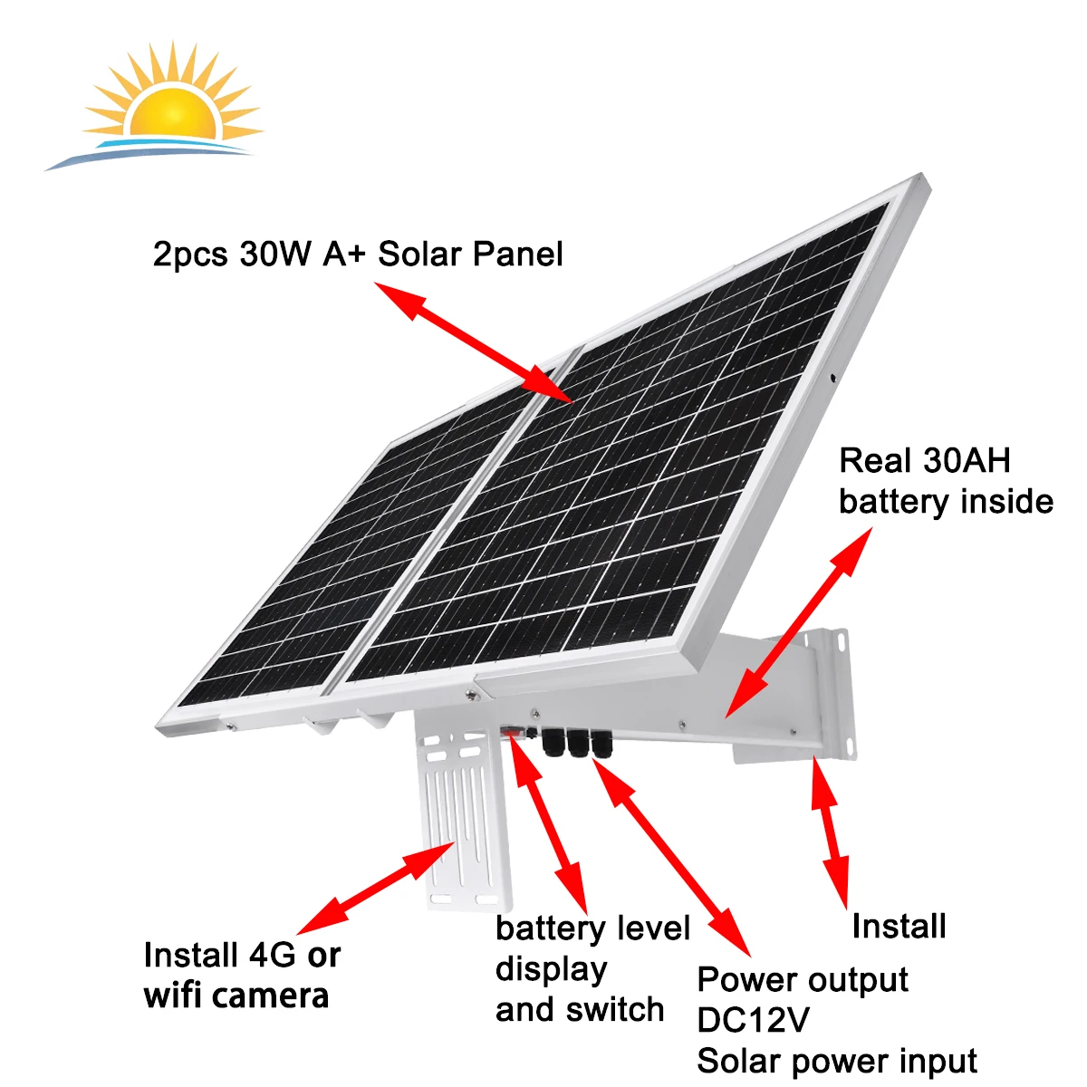 60W A+ mono panel 30Ah new 18650 li battery 333WH DC12V apply for outdoor 30x 4k 5mp auto tracking dome 4g wifi camera kit