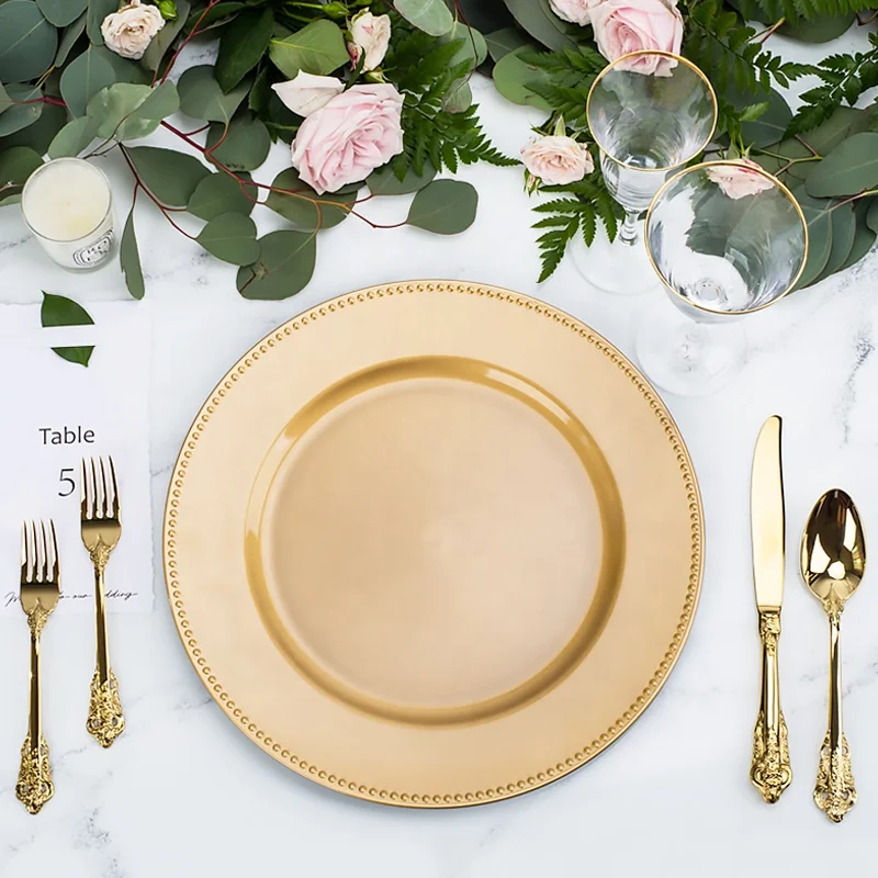 high quality cheap rounds table elegant deco plastic silver black gold charger plates wedding for event ready to ship decorative