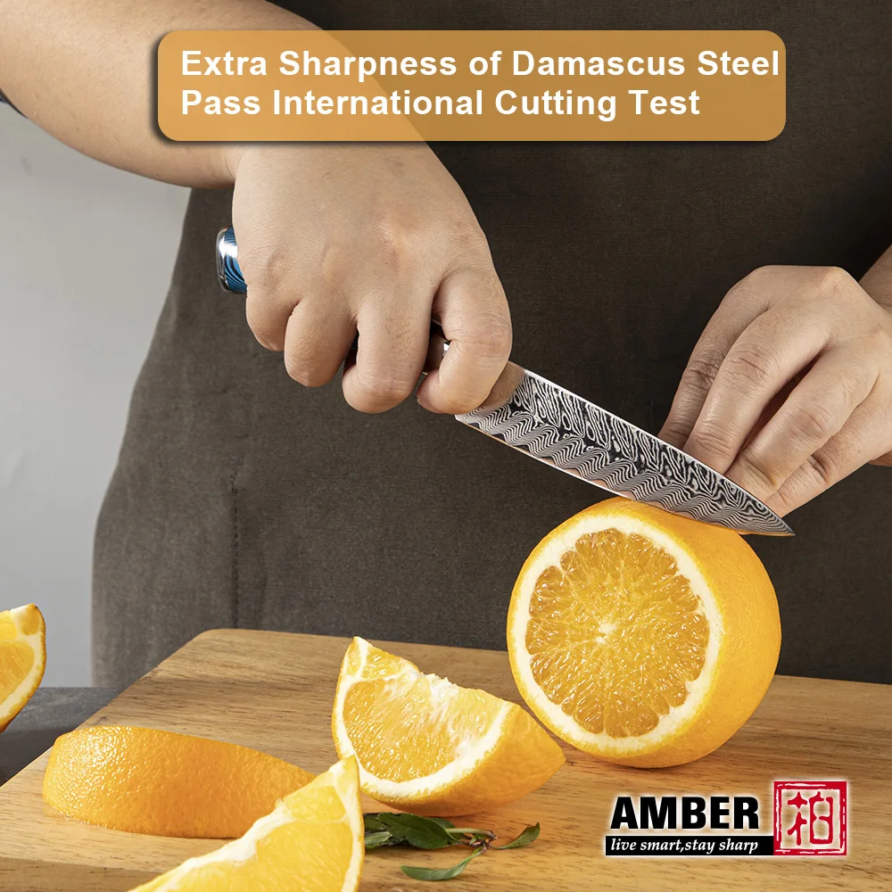Amber 73layers Ladder Pattern damascus steel knife 5inch curved fruit knife damascus steel kitchen knife in high quality