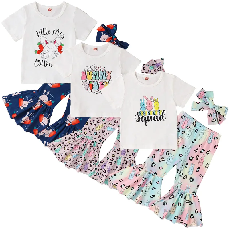 3 Pack Easter Outfits Kids Boutique Bell Bottom Baby Clothing Sets Girl
