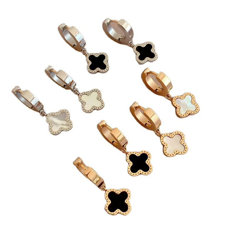 KL Wholesale Luxury 18K Gold Plated Four Leaf Clover Pendant Stainless Steel Hoop Earrings Pearl Trendy Fashionable Engagements