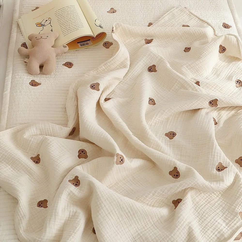 Cute Bear Embroidered 6 Layers Bamboo Wrap Blankets Baby Cotton Swaddle Blanket With Muslin Fabric